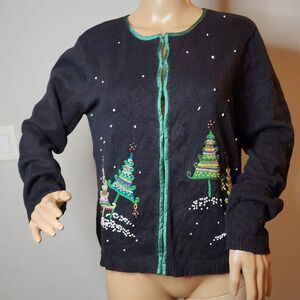 Talbots Christmas Tree Embellished Embroidered Knit Sweater Cardigan Size LP VTG
